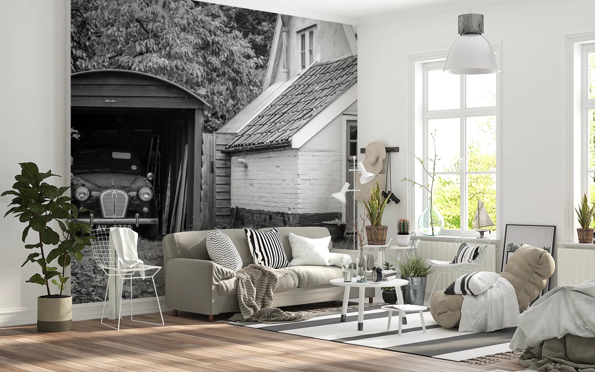 Black and white retro vehicle hideaway wall mural