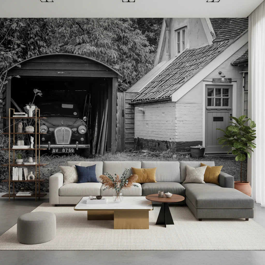 Retro car parked inside a vintage wooden garage mural