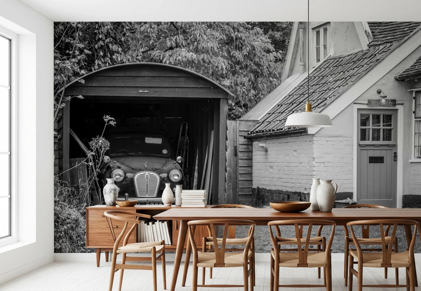 Vintage countryside garage with retro car wallpaper