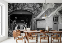 Vintage countryside garage with retro car wallpaper