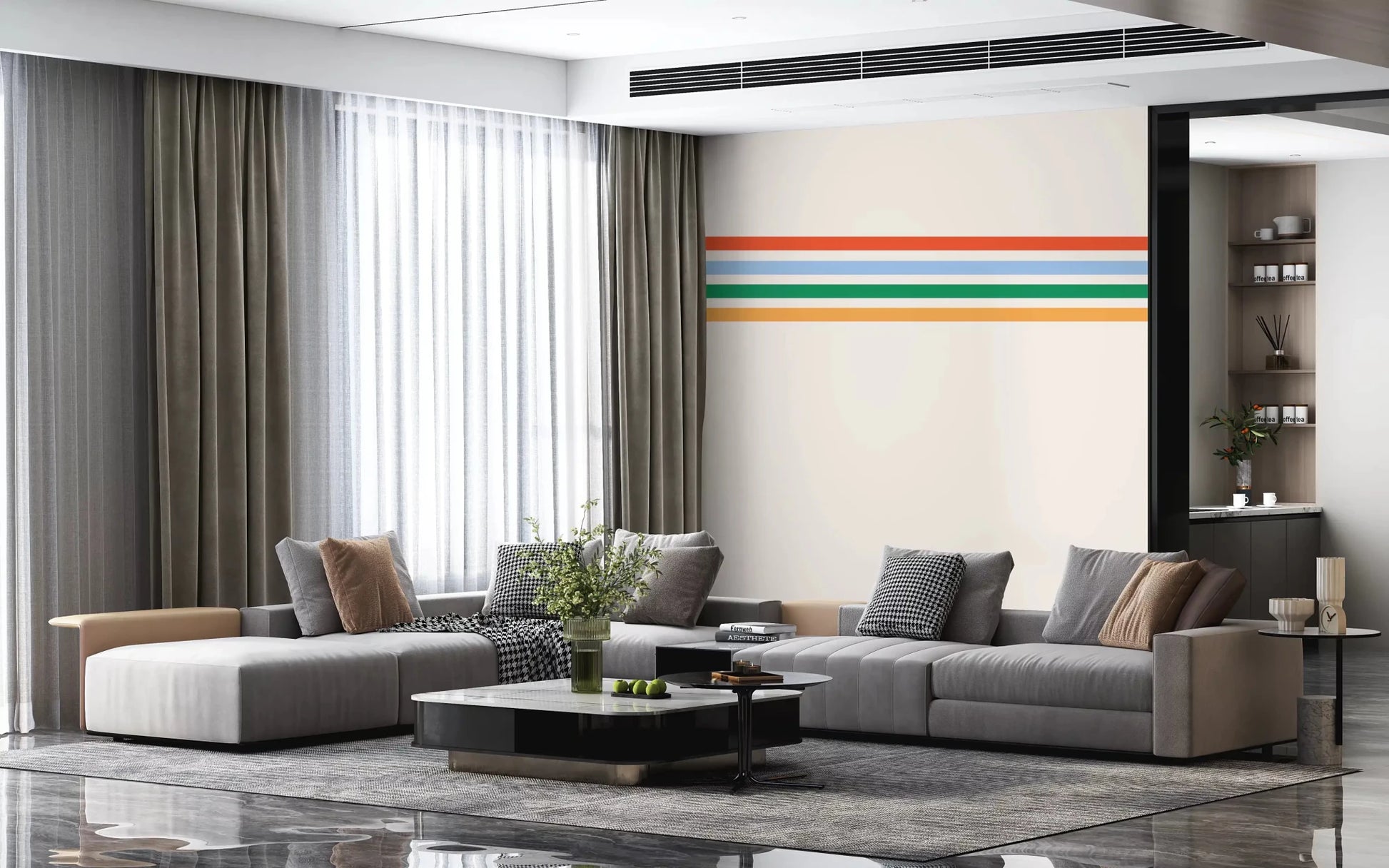Multi-color horizontal bands on a beige wall muralGD9450