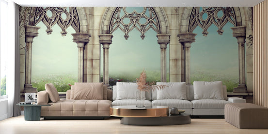 garden view mural with vintage arches A912