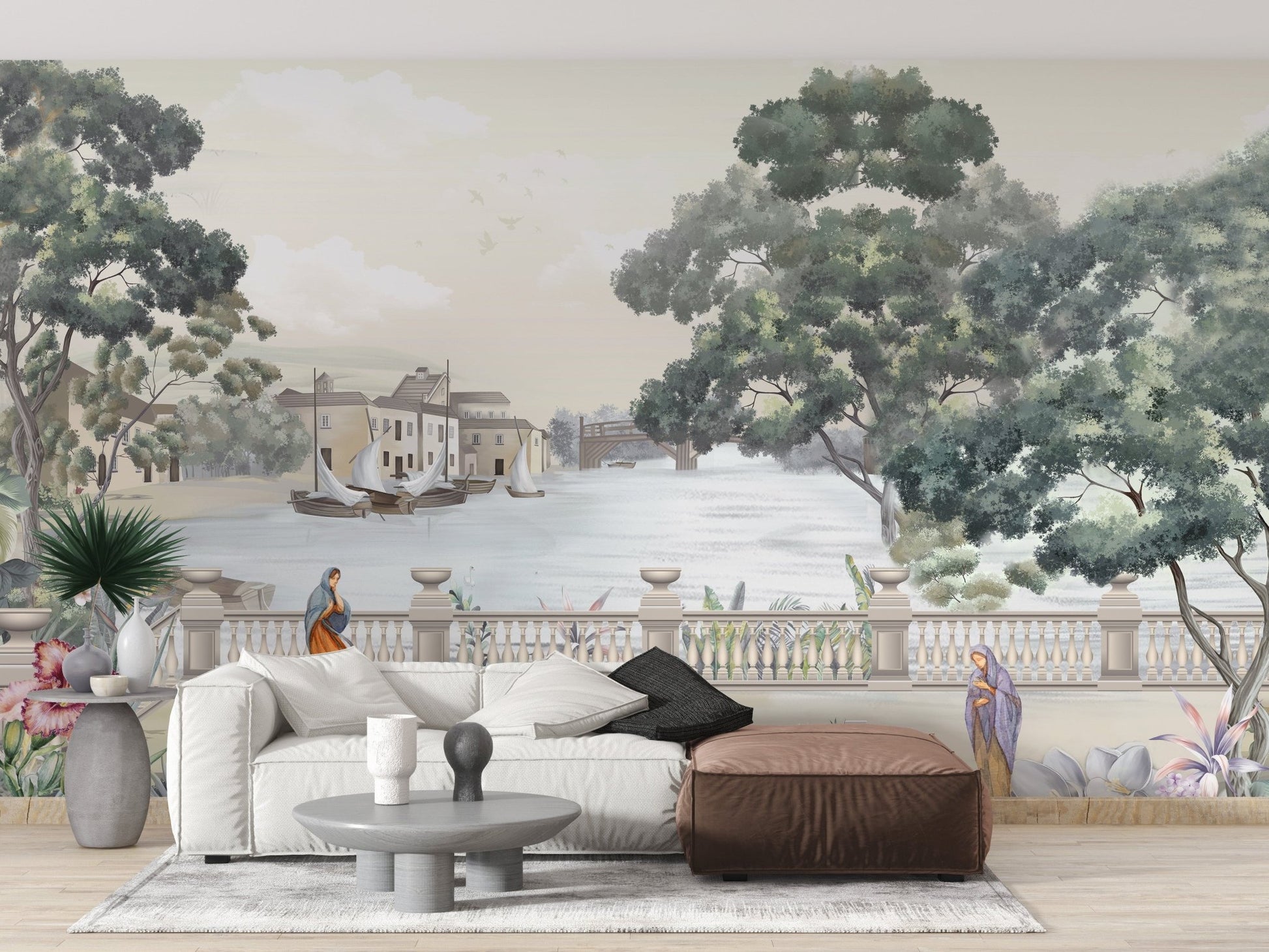 Retro vintage river city wallpaper mural with classic charm