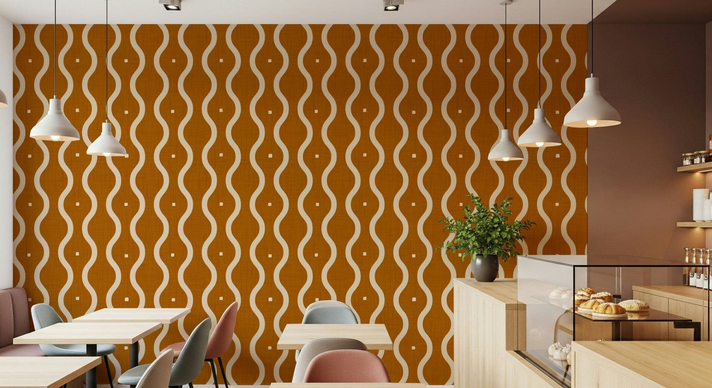 Mid-century sienna wallpaper showing retro waves in rust, amber, and cream, GD7008