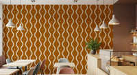 Mid-century sienna wallpaper showing retro waves in rust, amber, and cream, GD7008