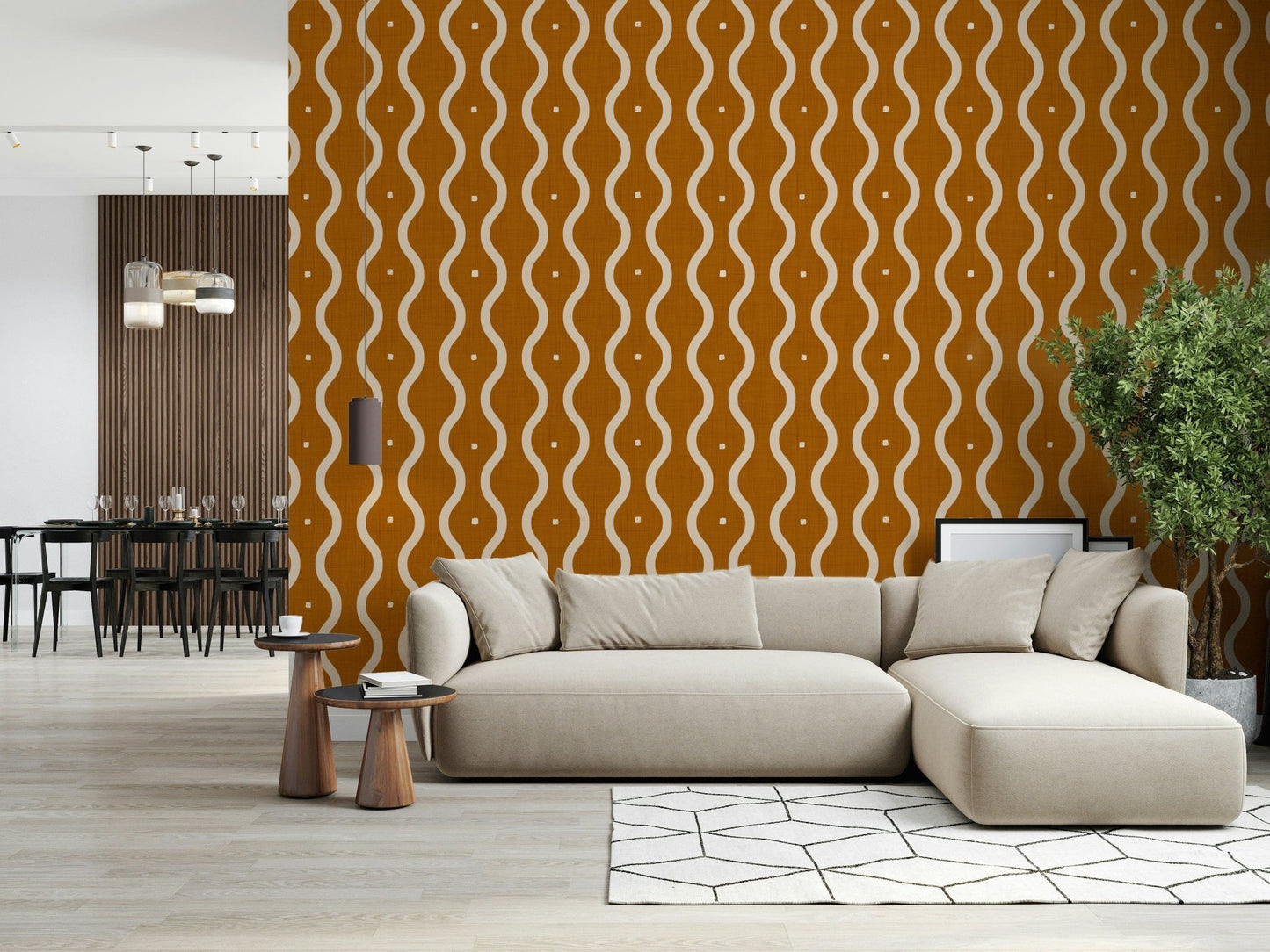 Vintage sienna wallpaper with retro wave pattern, mid-century warm rhythm, GD7008