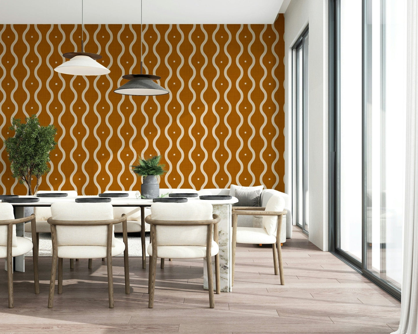 Rust-brown waves wallpaper in retro sienna with vintage warm palette and cream, GD7008