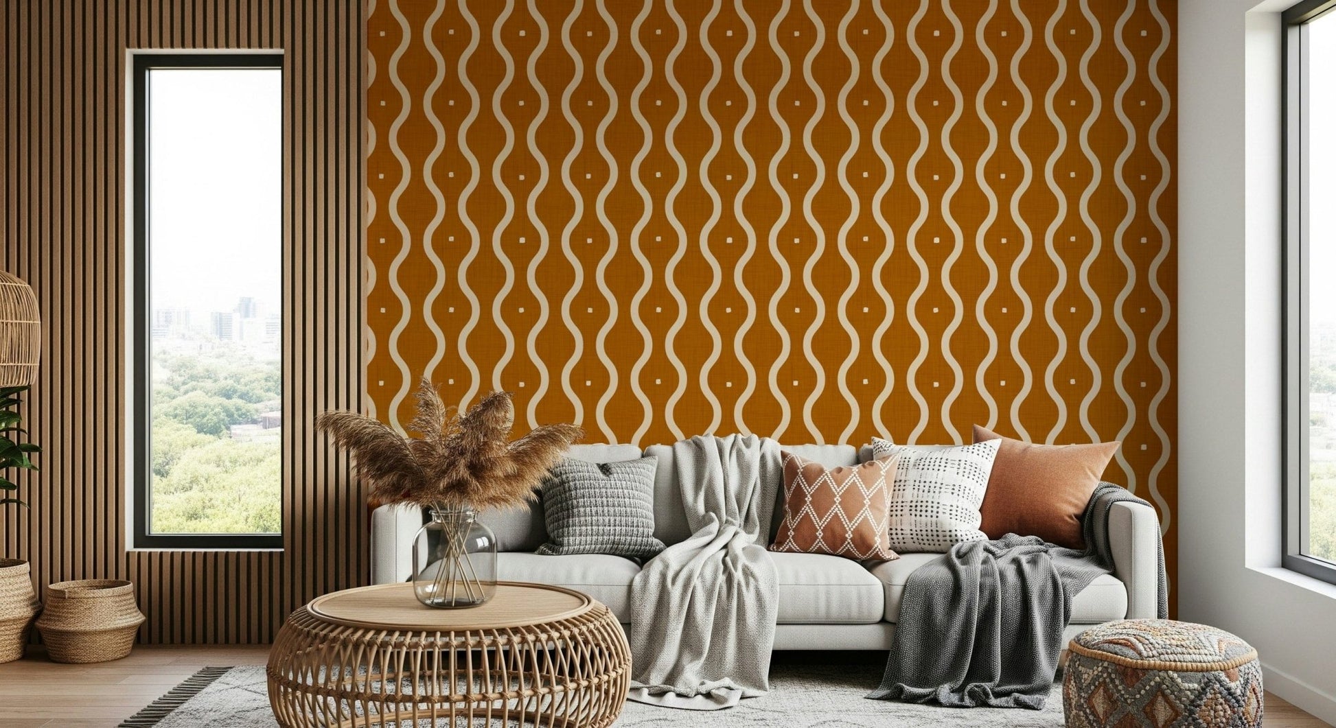 Living room caressed by Retro Waves in Sienna Wallpaper, mid-century curves, GD7008