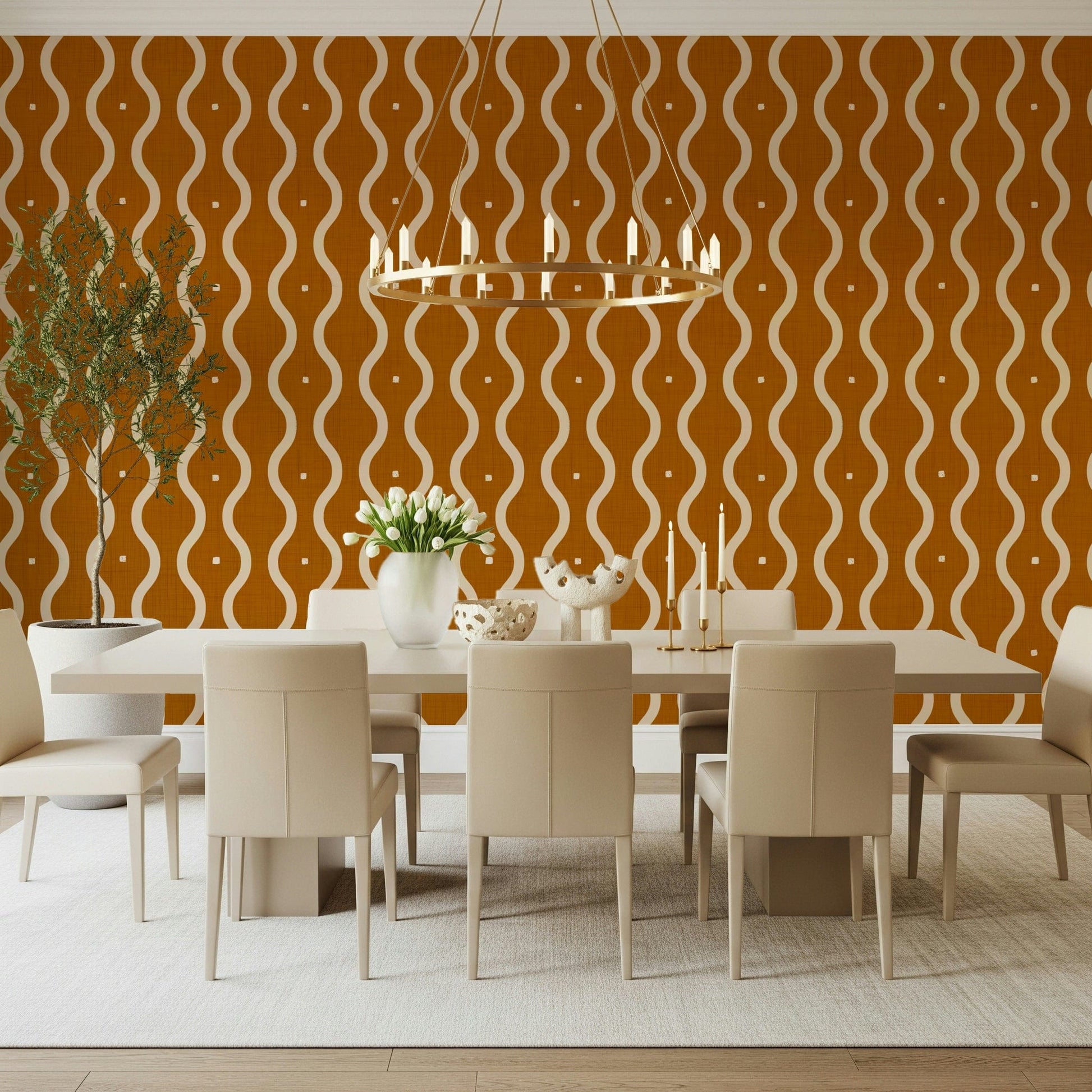 Dining room circled with retro waves in sienna wallpaper, mid-century curves, GD7008
