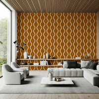 Warm sienna wallpaper with retro waves and mid-century curving bands, GD7008
