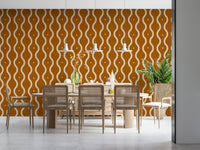 Dining area surrounded with retro waves sienna wallpaper, warm vintage palette, GD7008