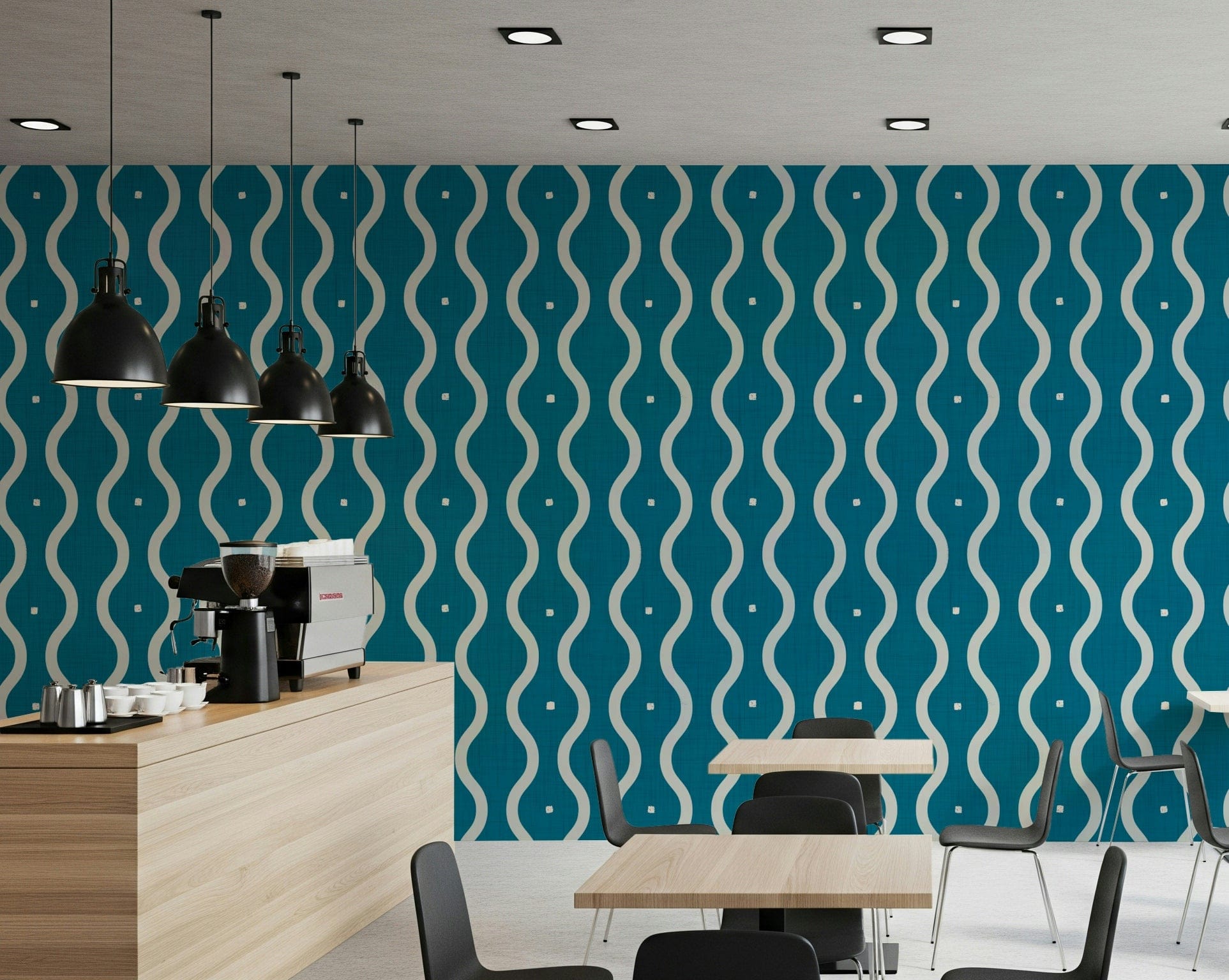 Cafe area nestled near Retro Waves Teal Wallpaper, mid-century lines, GD7013