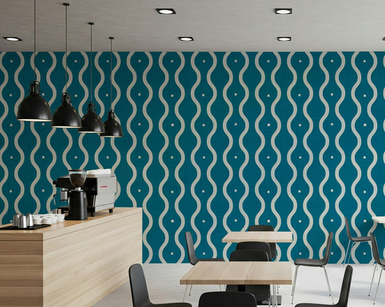 Cafe area nestled near Retro Waves Teal Wallpaper, mid-century lines, GD7013