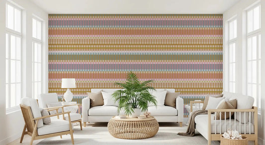 Living room styled with Retro Weave Blocks wallpaper geometric stripes