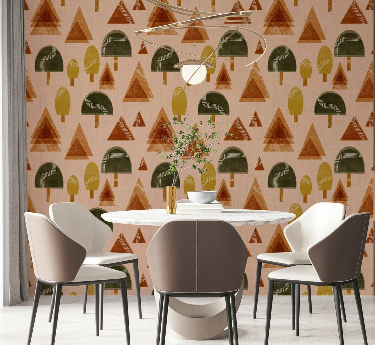 A peaceful retro geometric mural on decorative wallpaper., GD5390