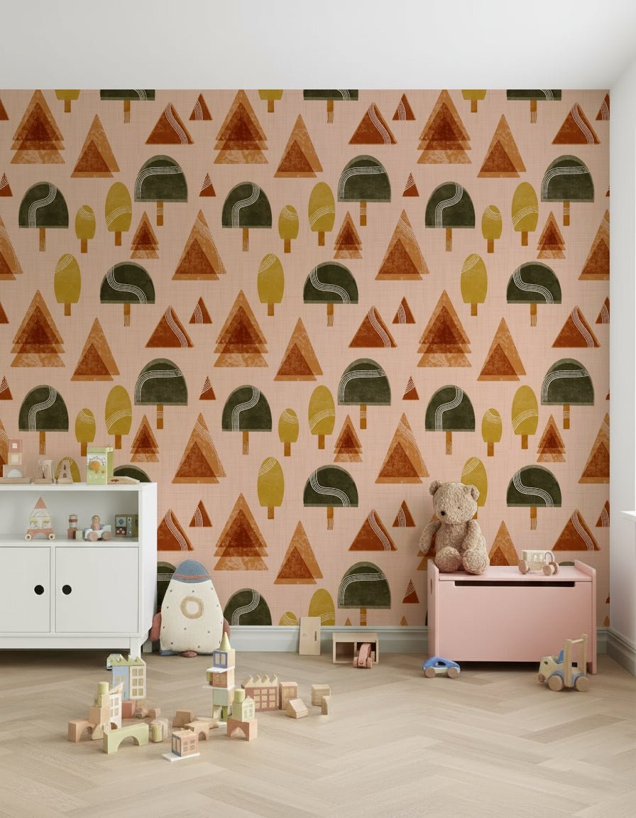 A graceful subtle tree wall mural in cool, natural tones and blush accents., GD5390
