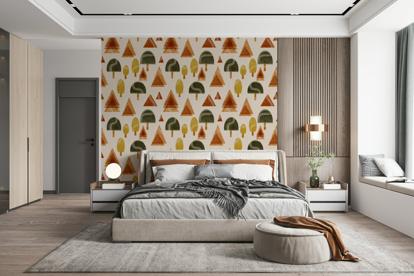 A beautiful retro woodland wallpaper mural with geometric, mid-century modern trees.