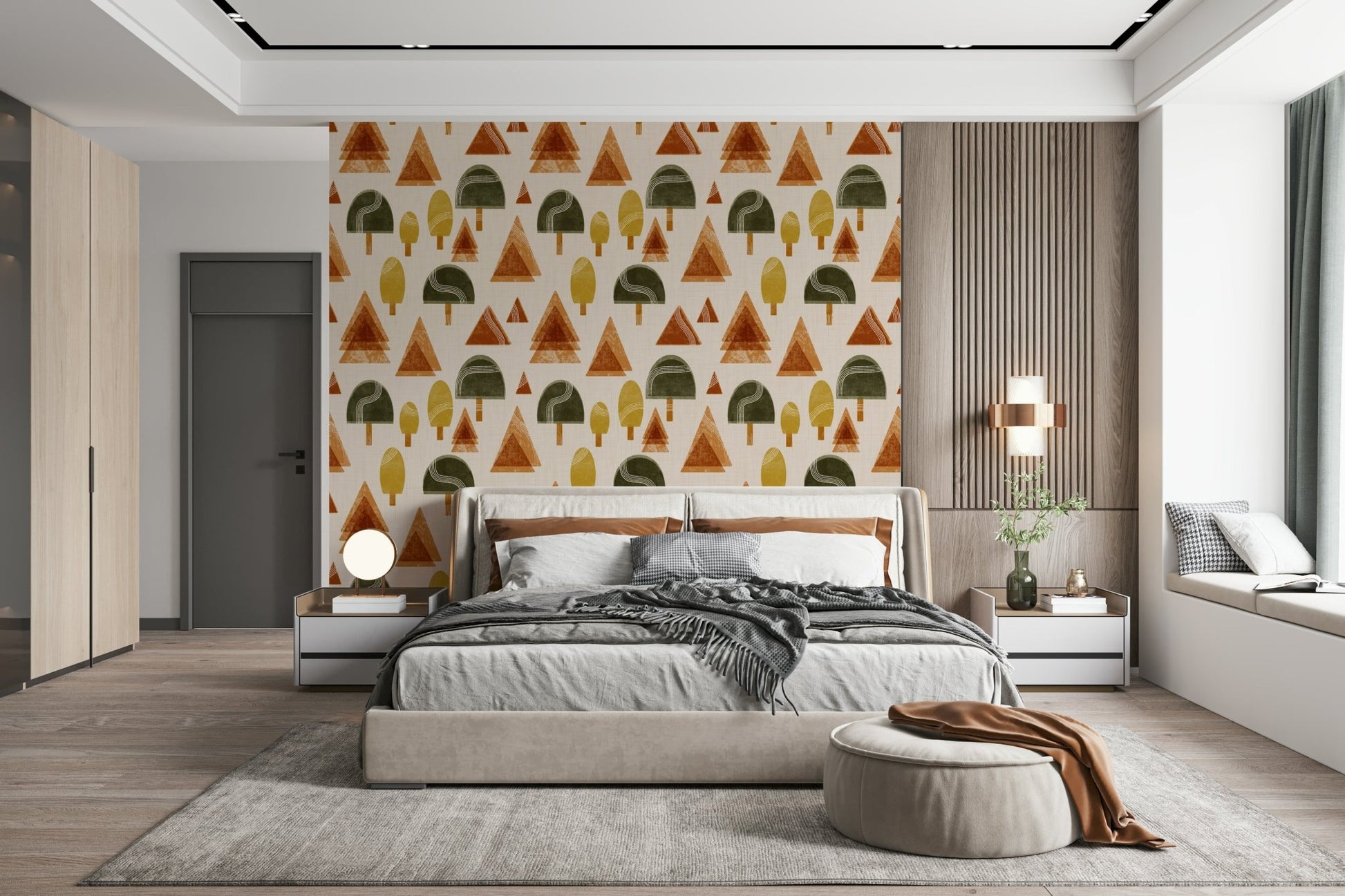 A beautiful retro woodland wallpaper mural with geometric, mid-century modern trees.