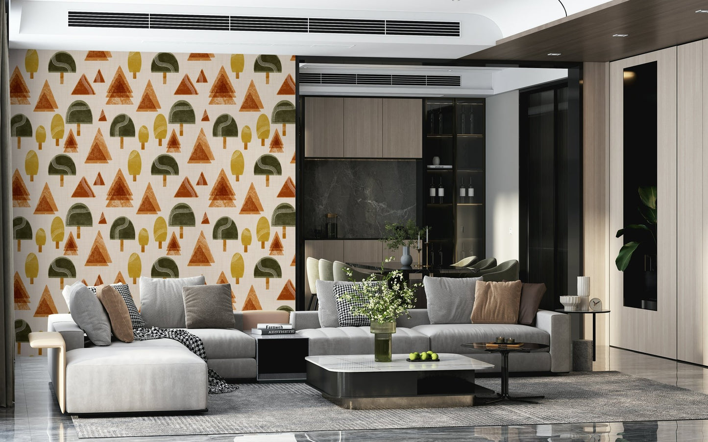 An artistic mid-century tree mural on minimalist wallpaper.