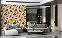 An artistic mid-century tree mural on minimalist wallpaper.