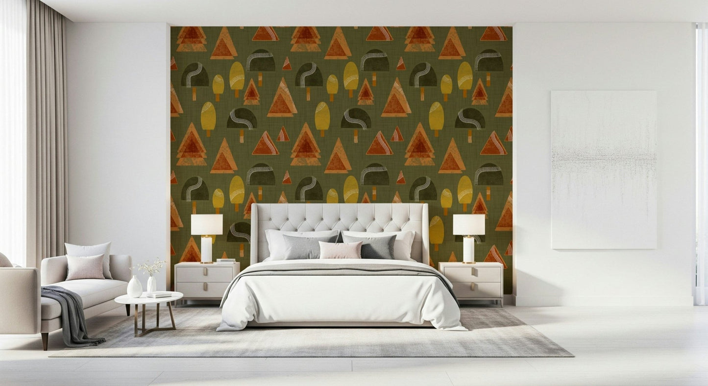 A beautiful modern art wall mural of stylized trees.