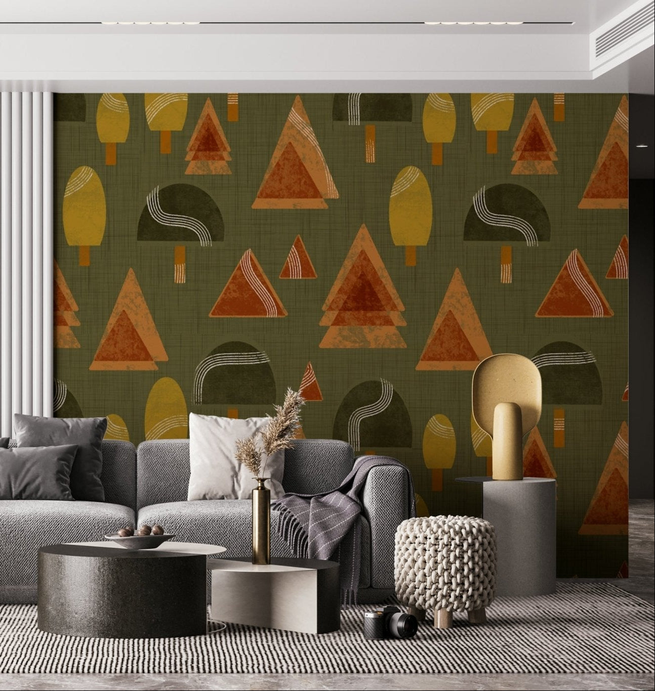 A beautiful retro woodland wallpaper mural with olive and blush tones.