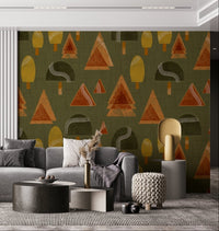 A beautiful retro woodland wallpaper mural with olive and blush tones.