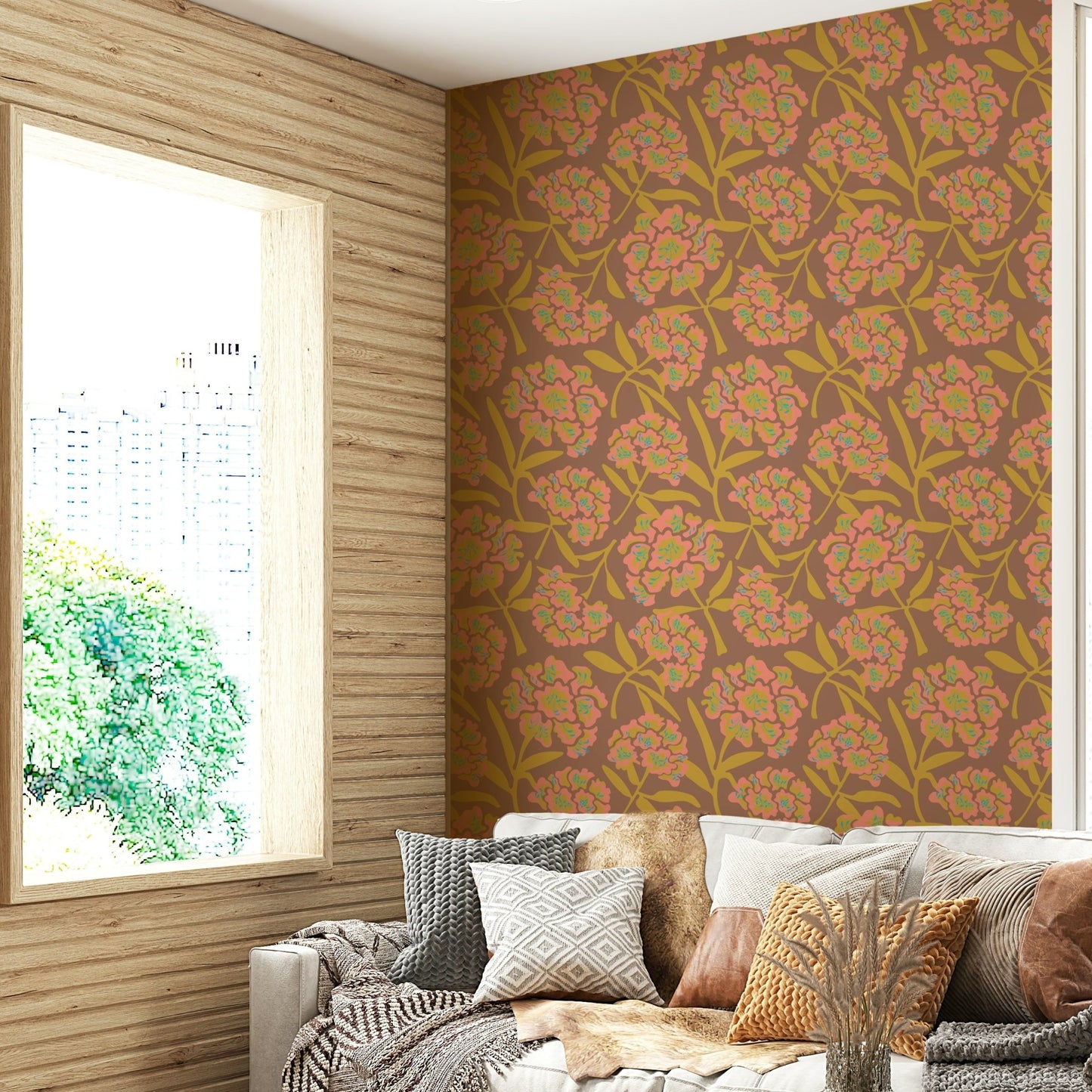 Rhododendrons Retro Floral wallpaper on living room wall

