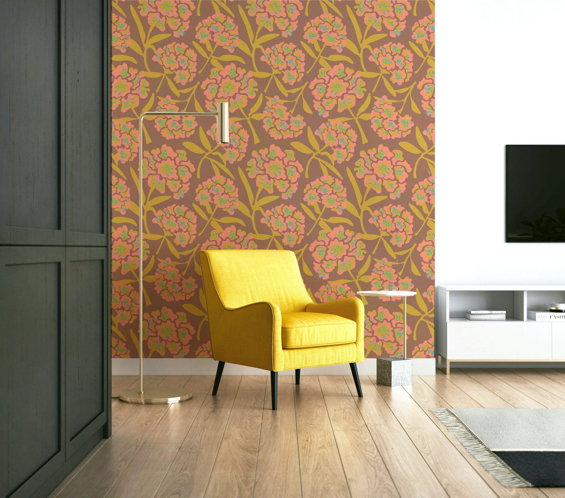 Blush pink, mustard yellow floral wallpaper for walls

