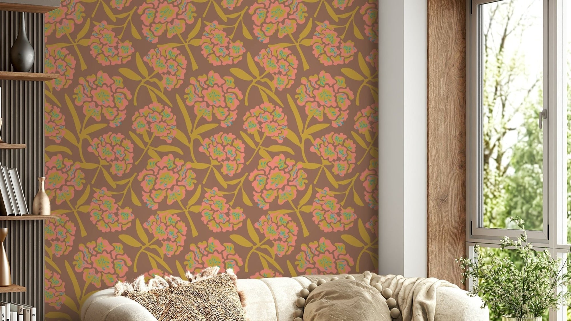 Durable wallpaper for walls with bright flowers, GD1117