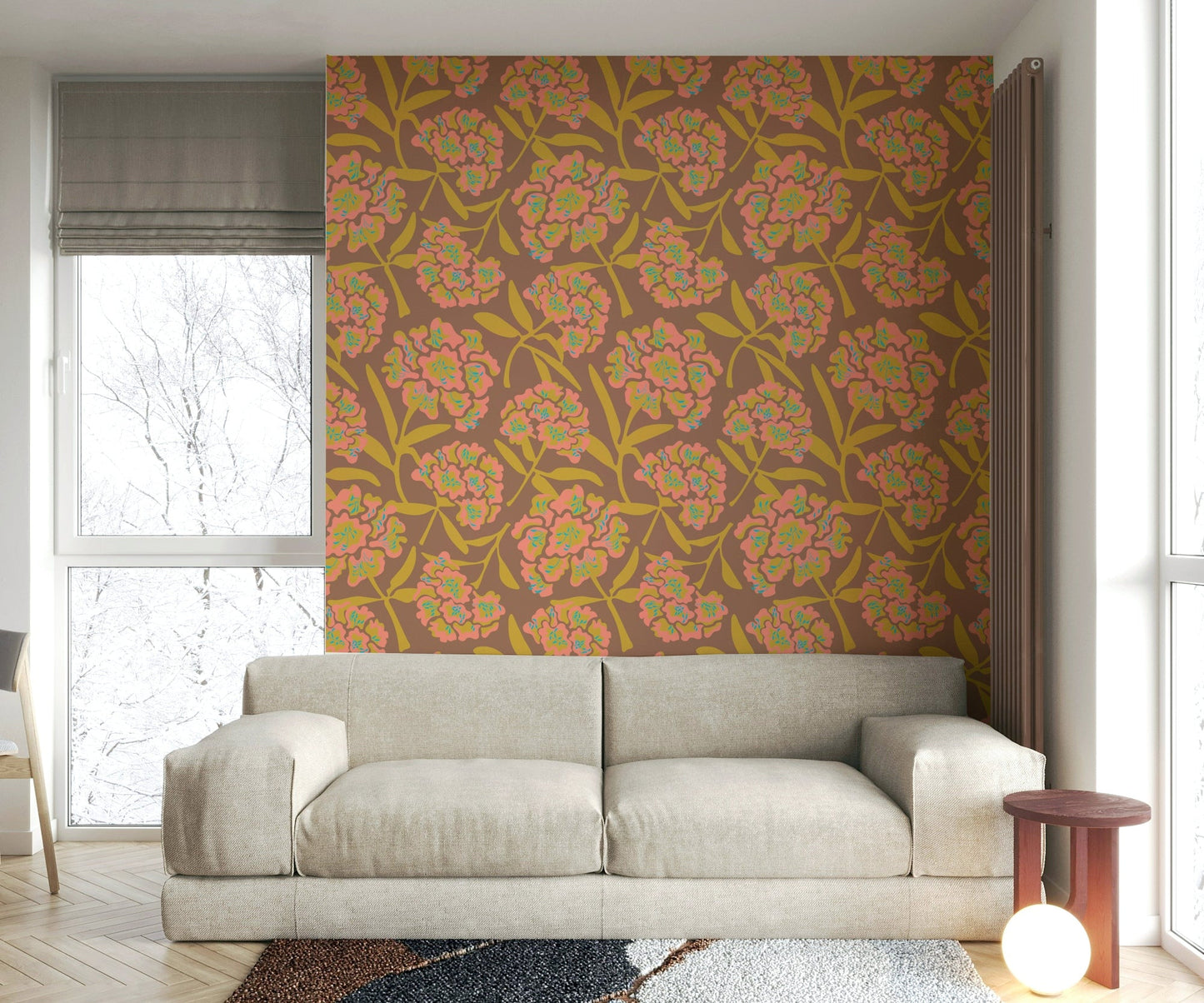 Living room accent with vintage floral wallpaper

