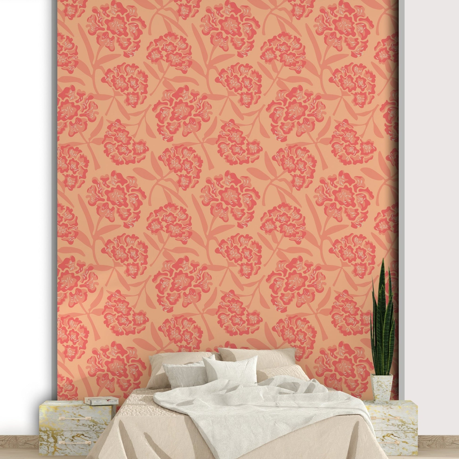Bedroom decorated with coral floral wallpaper

