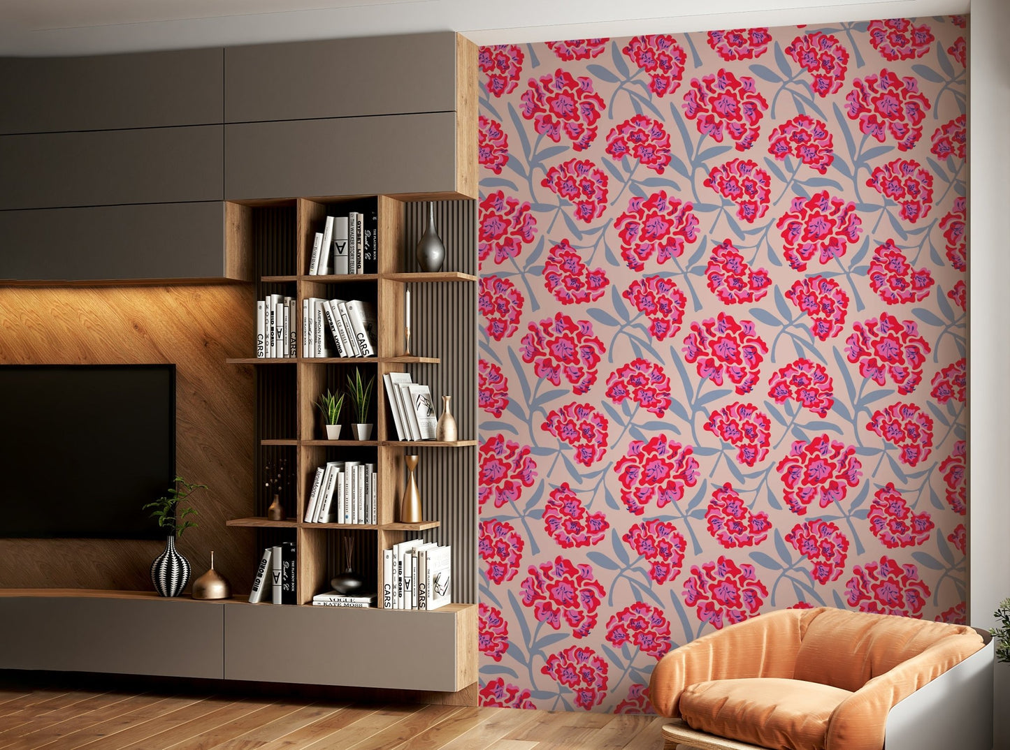 Wallcovering featuring retro-inspired floral design

