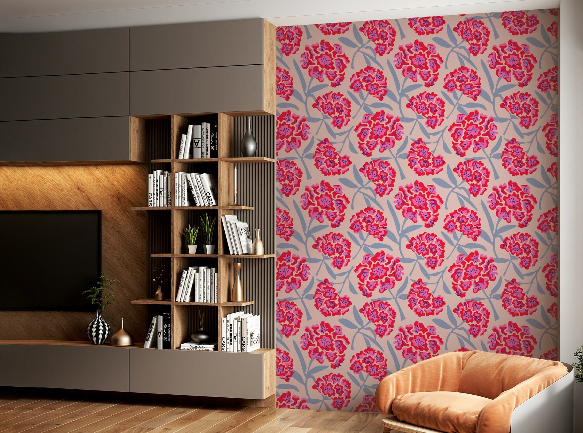 Wallcovering featuring retro-inspired floral design

