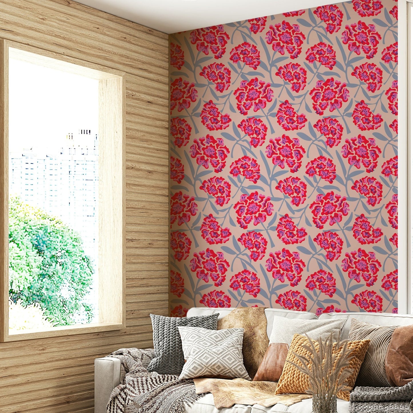 Living room accent with vintage floral wallpaper

