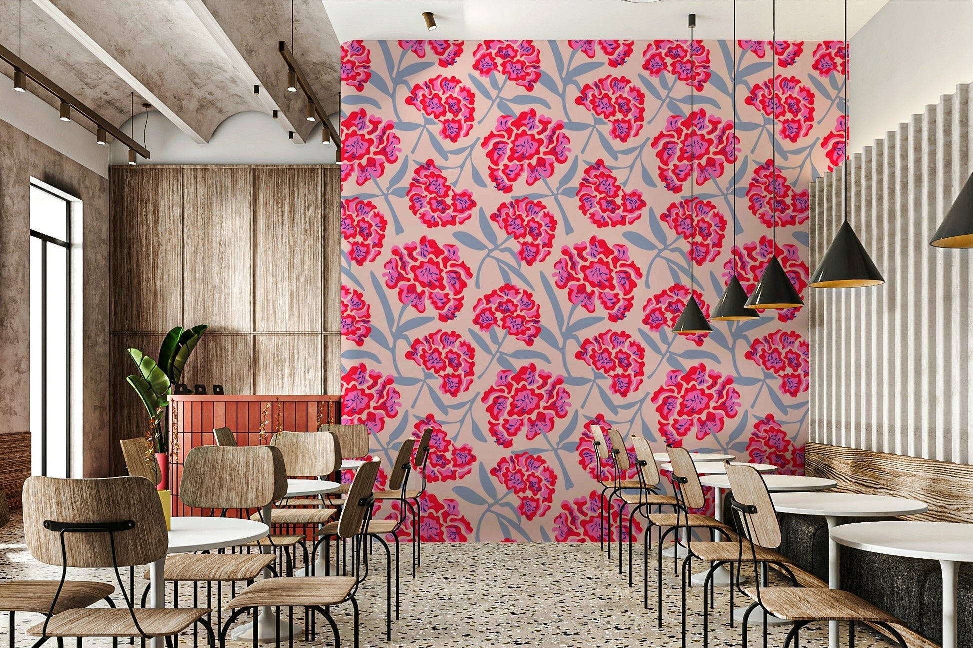 Close-up of vibrant floral wallpaper texture

