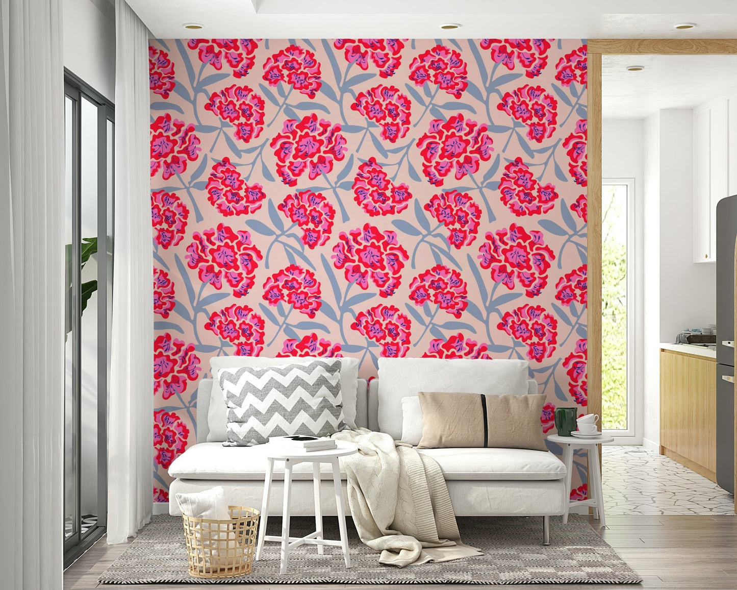 Bedroom decorated with colorful floral wallpaper

