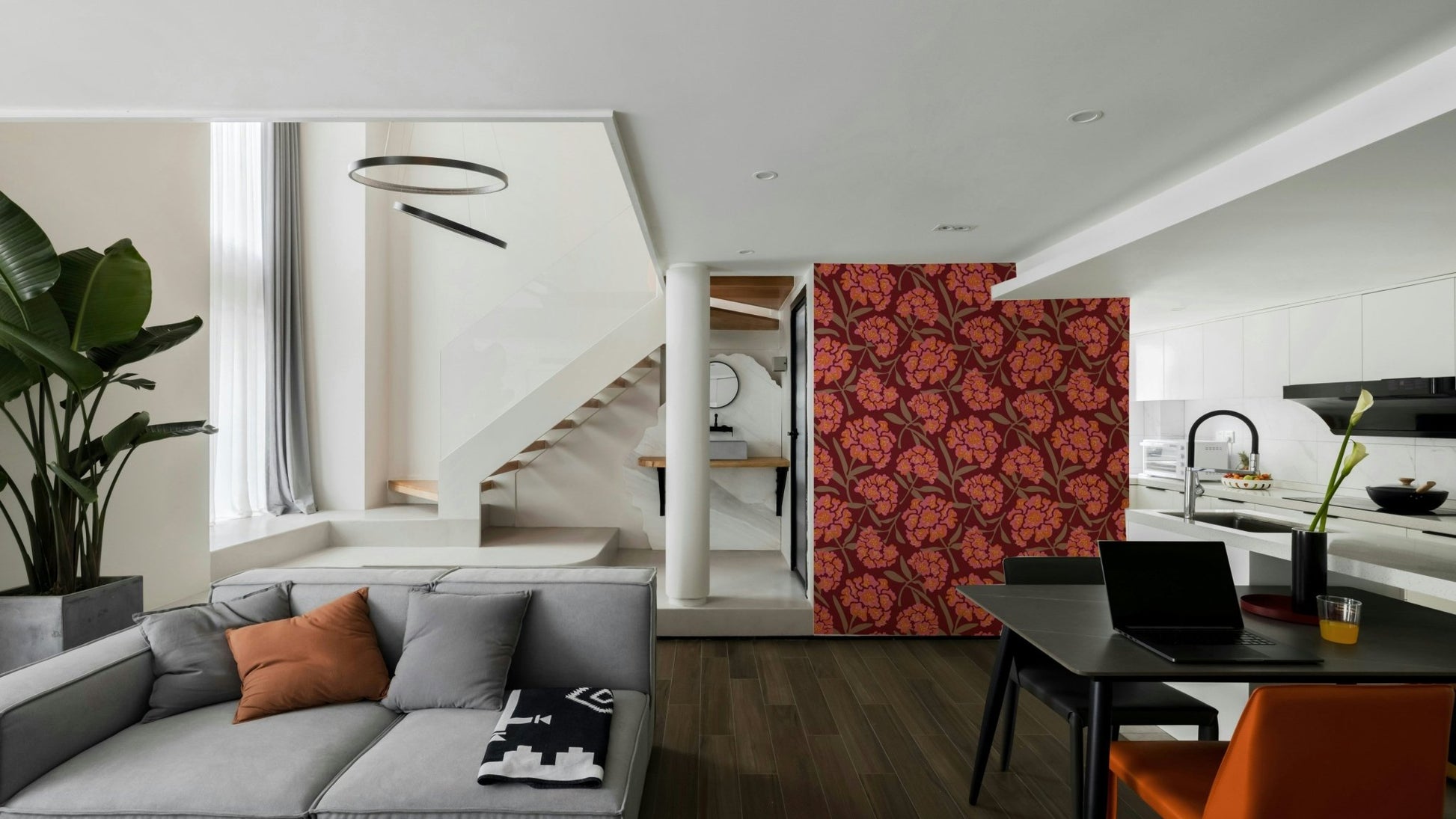 Living room accent with vintage floral wallpaper

