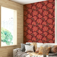 Bedroom decorated with pink and wine floral wallpaper

