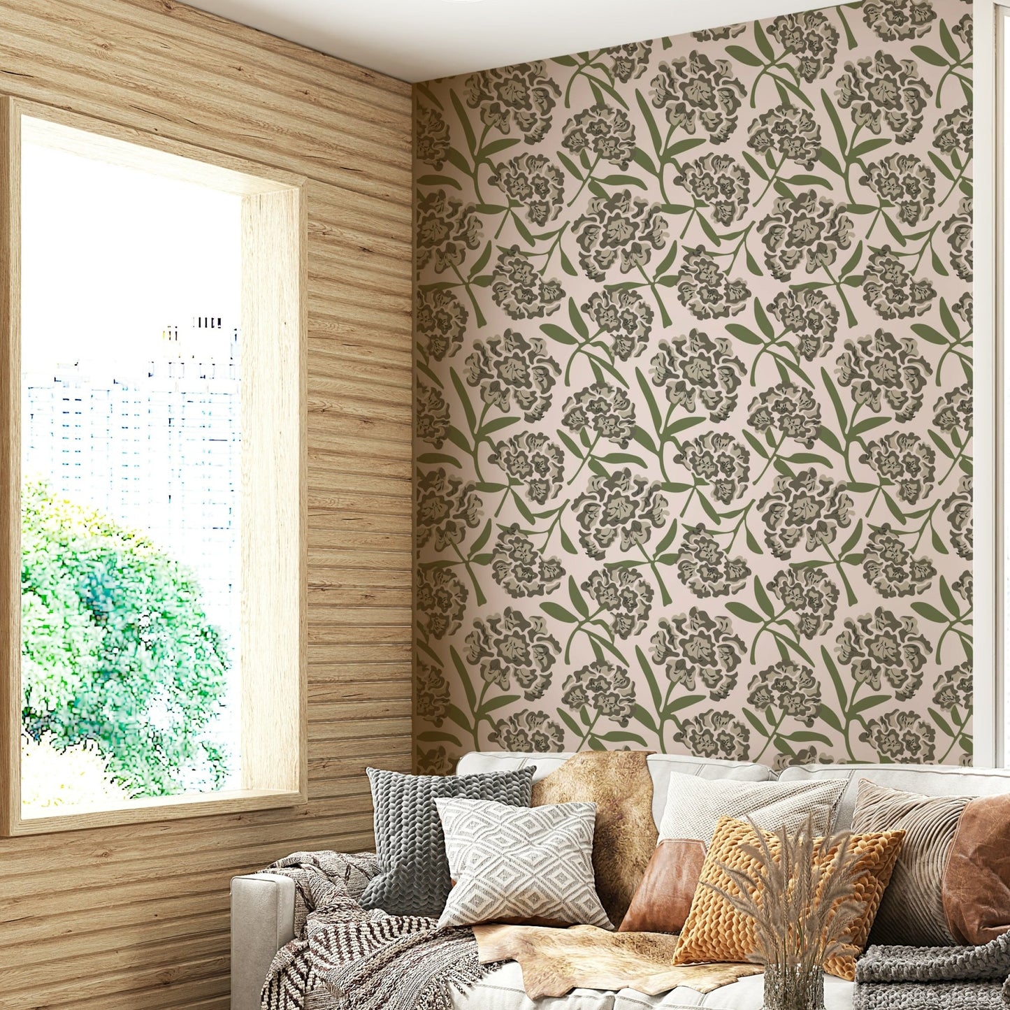 Warm gray and green floral wallpaper for walls

