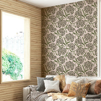 Warm gray and green floral wallpaper for walls

