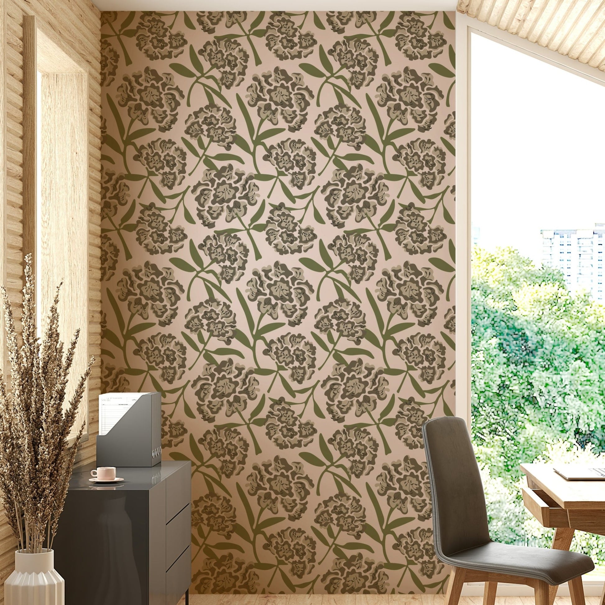 Living room accent with retro floral wallpaper

