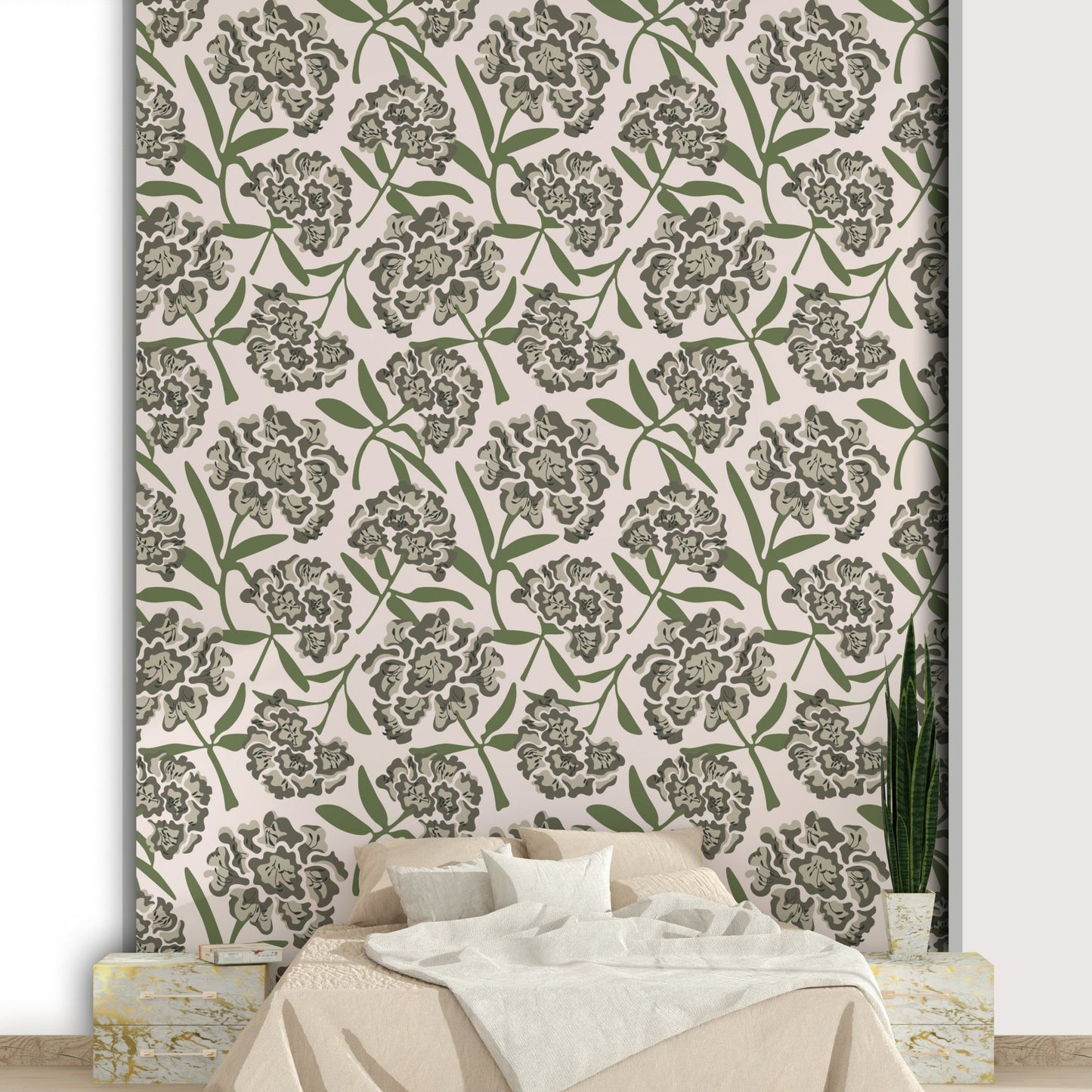 Bedroom decorated with soft floral wallpaper

