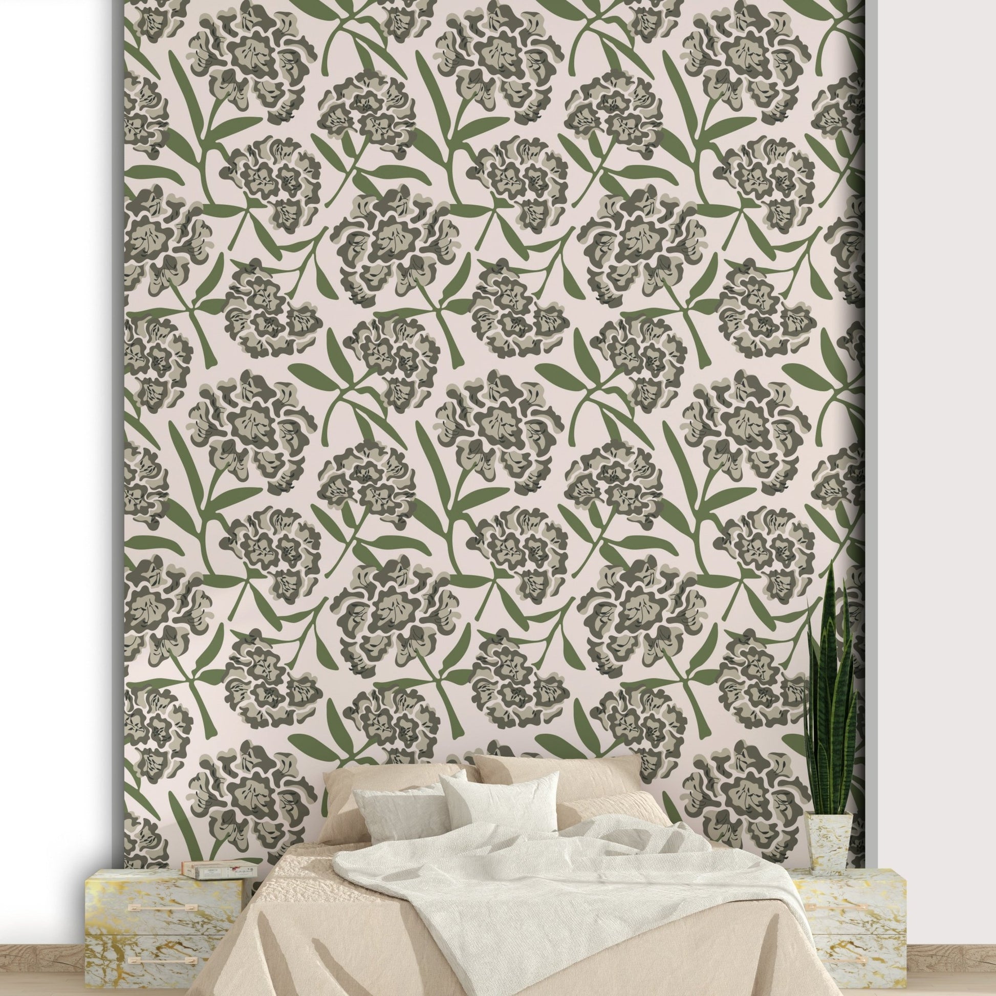 Bedroom decorated with soft floral wallpaper

