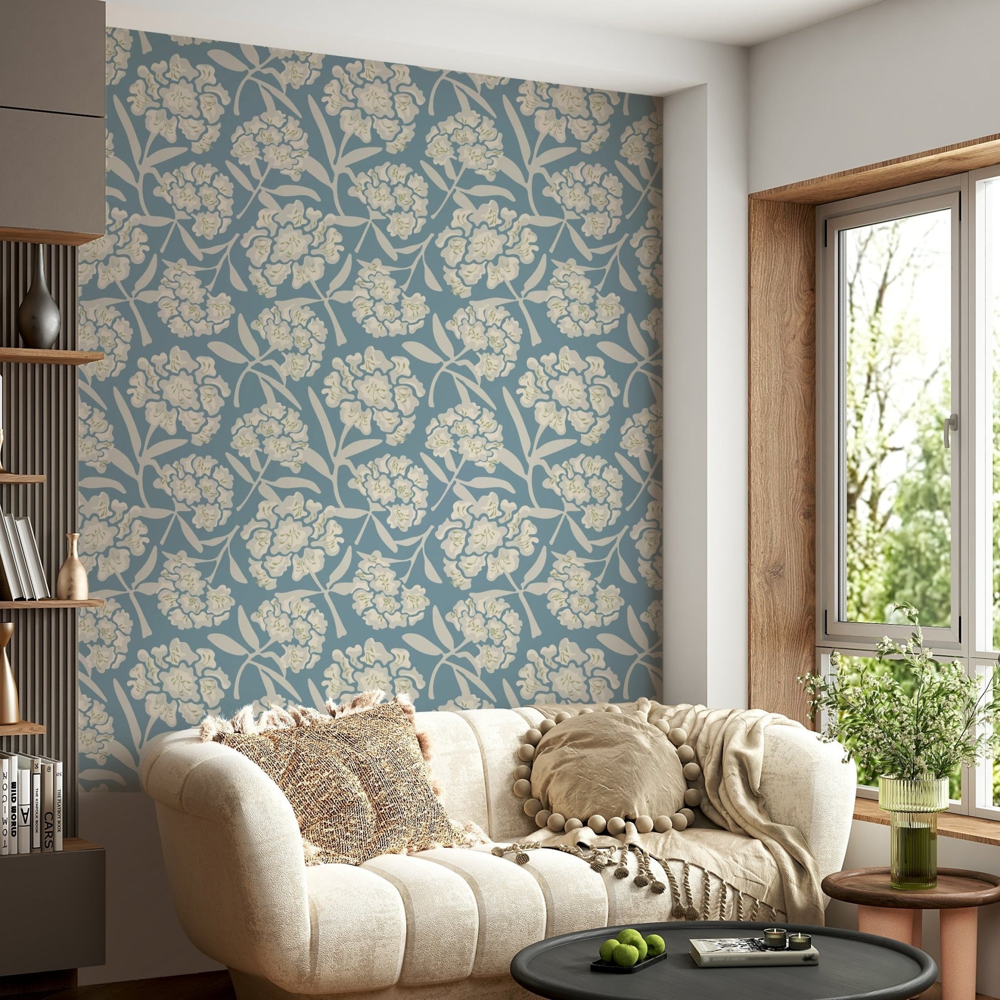 Bedroom decorated with pastel blue floral wallpaper

