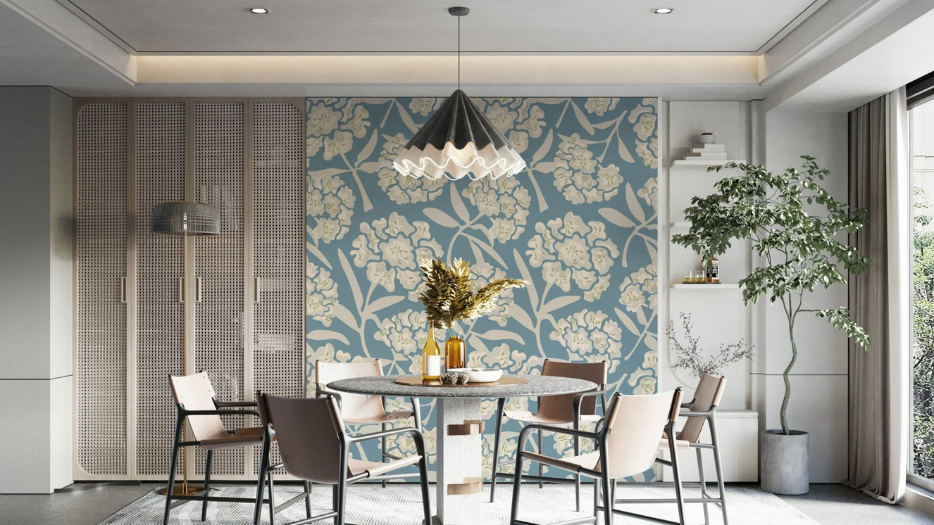 Rhododendrons Retro Floral wallpaper on living room wall

