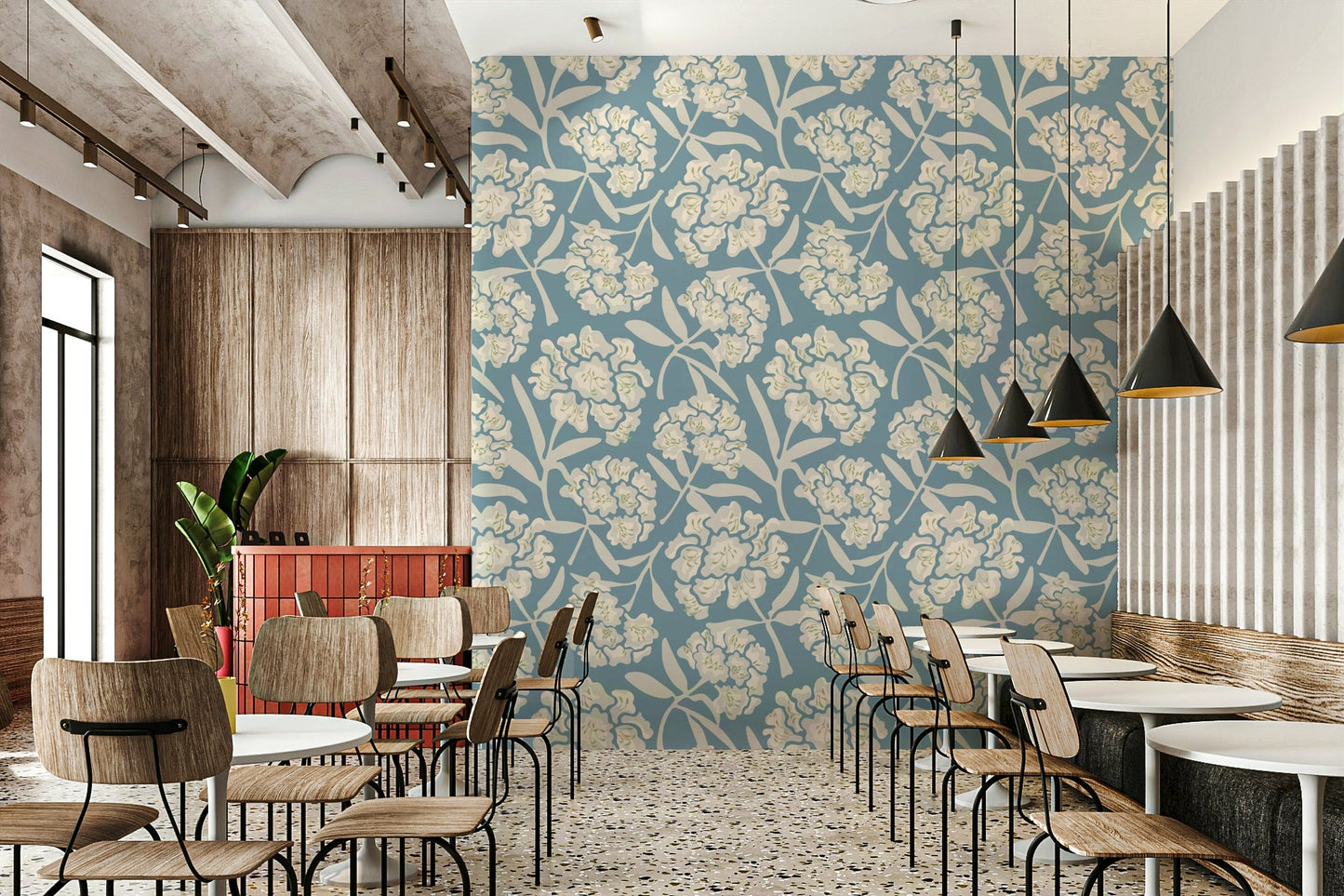Living room accent with soft floral wallpaper

