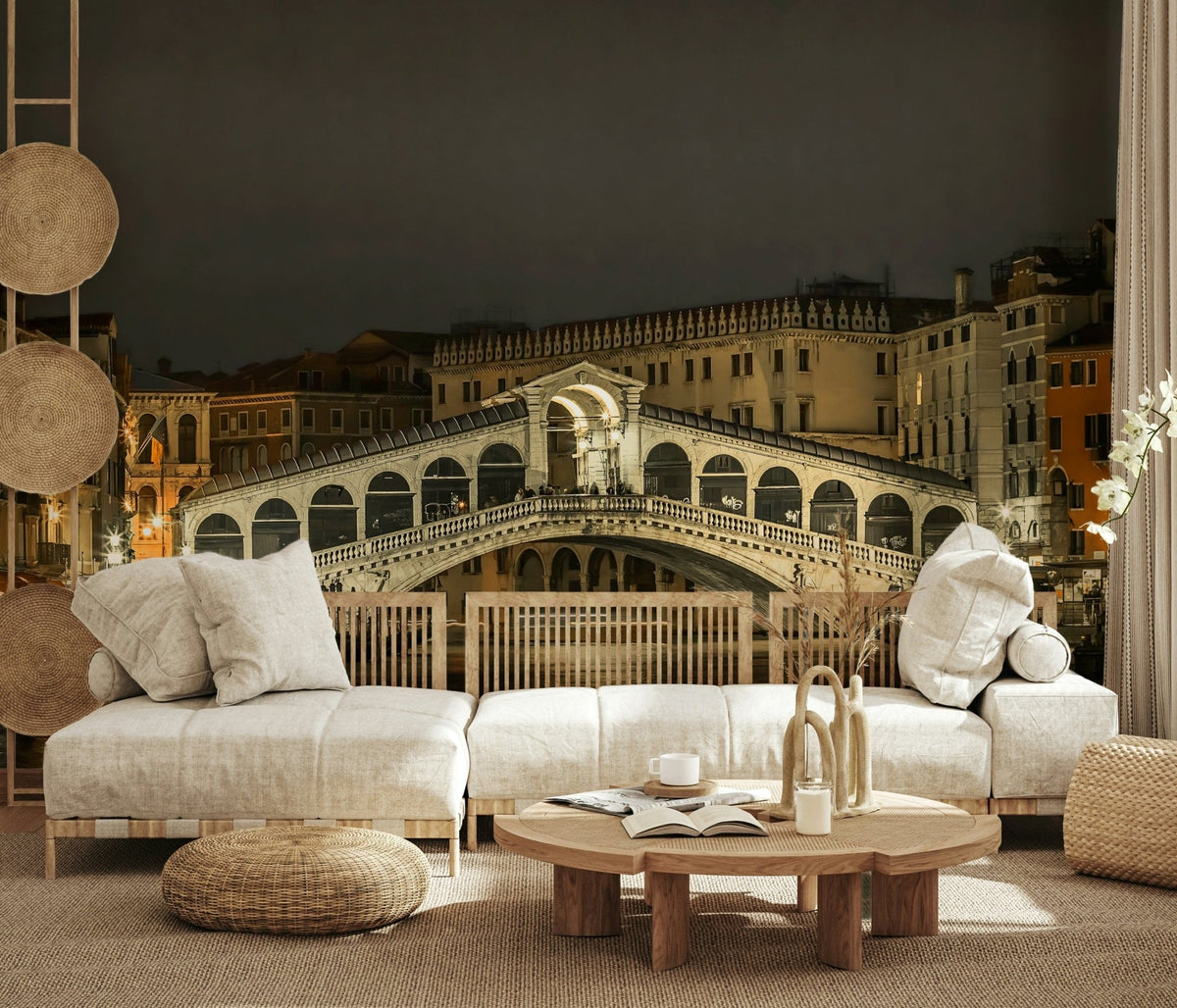 Rialto's Night Wall Mural showcasing glowing bridge lights in a lounge., GD6823