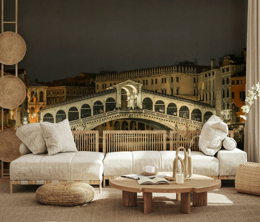 Rialto's Night Wall Mural showcasing glowing bridge lights in a lounge.