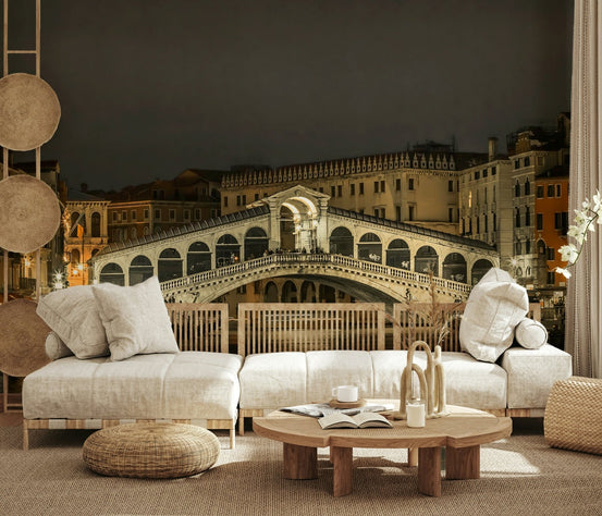 Rialto's Night Wall Mural showcasing glowing bridge lights in a lounge., GD6823